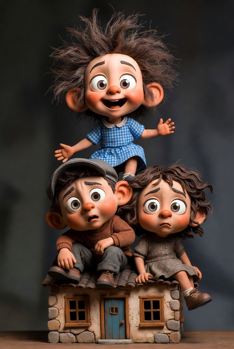 Whimsical 3D Clay Sculpture of Stacked Children Prompt — example 2