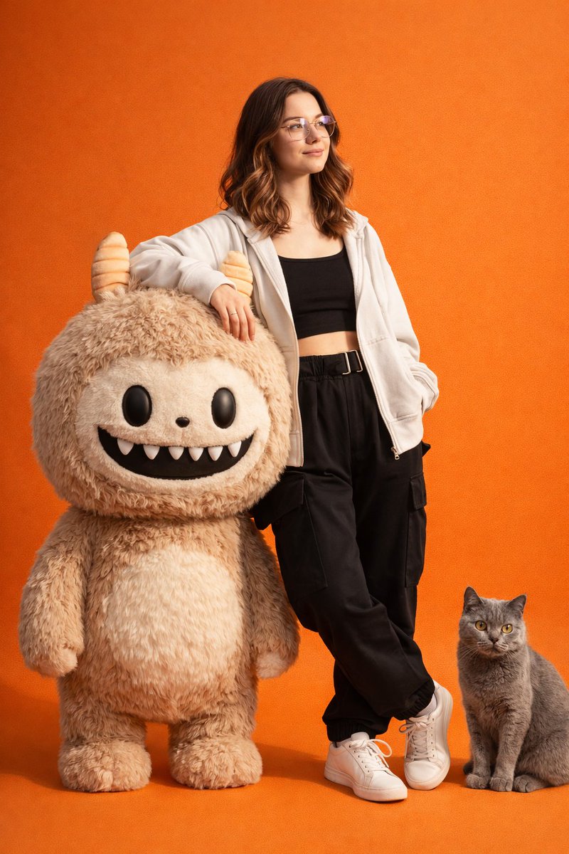 Gen-Z Fashion Portrait with Labubu and Cat Prompt — example 1