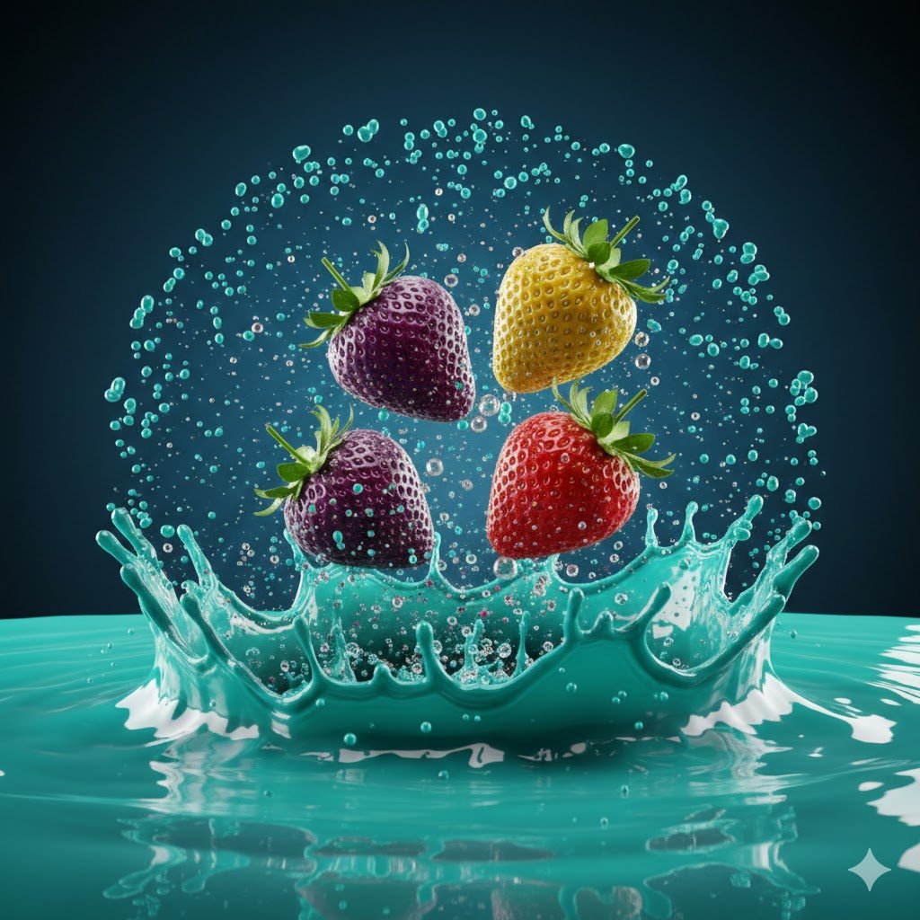 Hyper-realistic Strawberries Splashing in Liquid Prompt — example 1