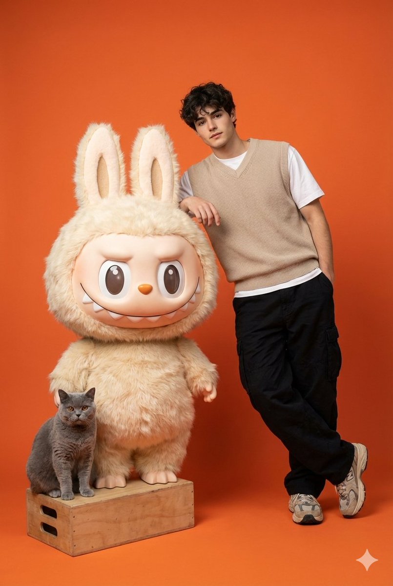 Gen-Z Streetwear Model with Labubu and British Shorthair — example 1