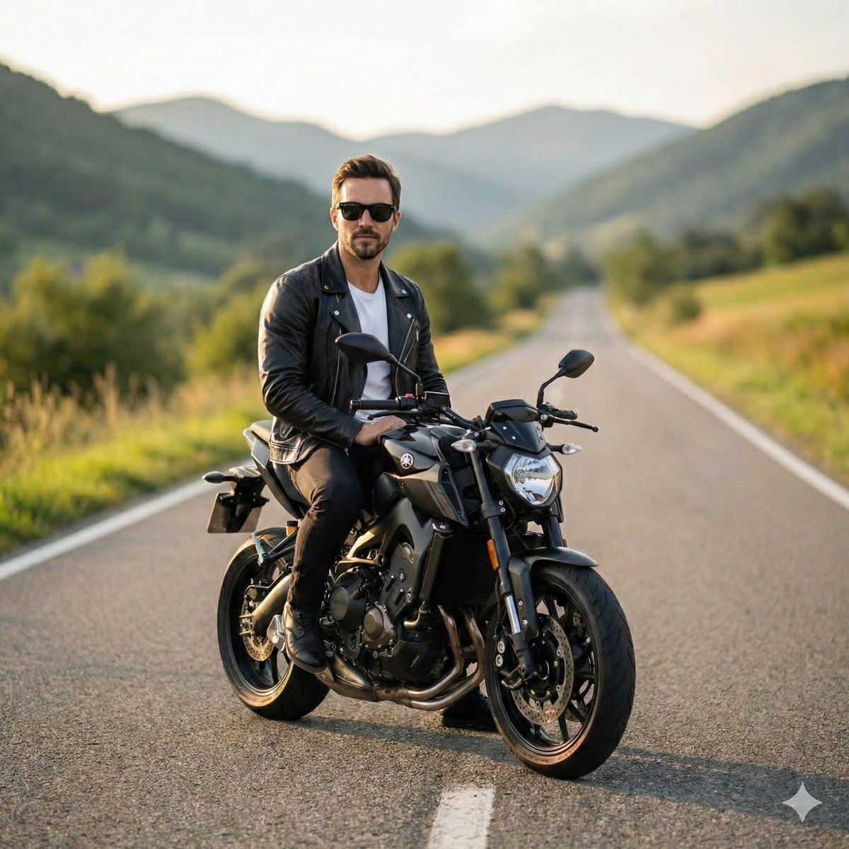 Cinematic Portrait of Man on Modern Motorbike — example 1