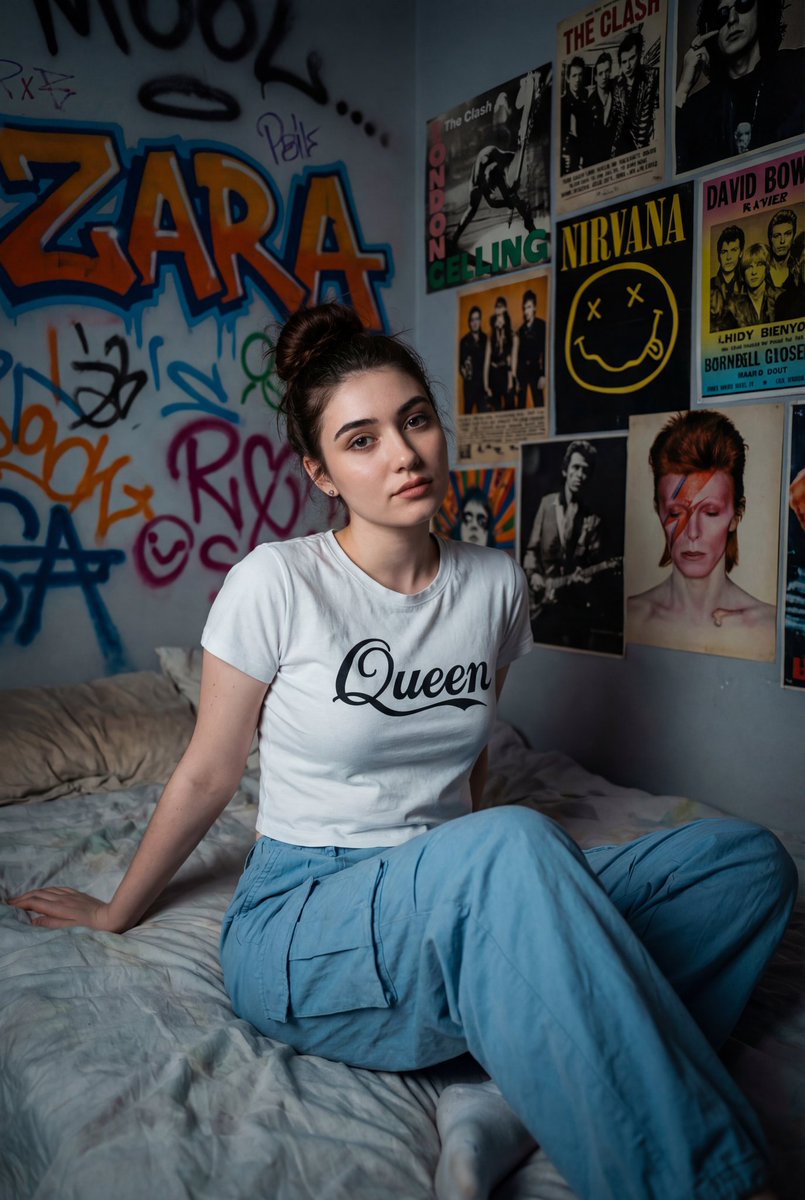 Cinematic Portrait of a Woman on a Messy Bed with Graffiti Background — example 1