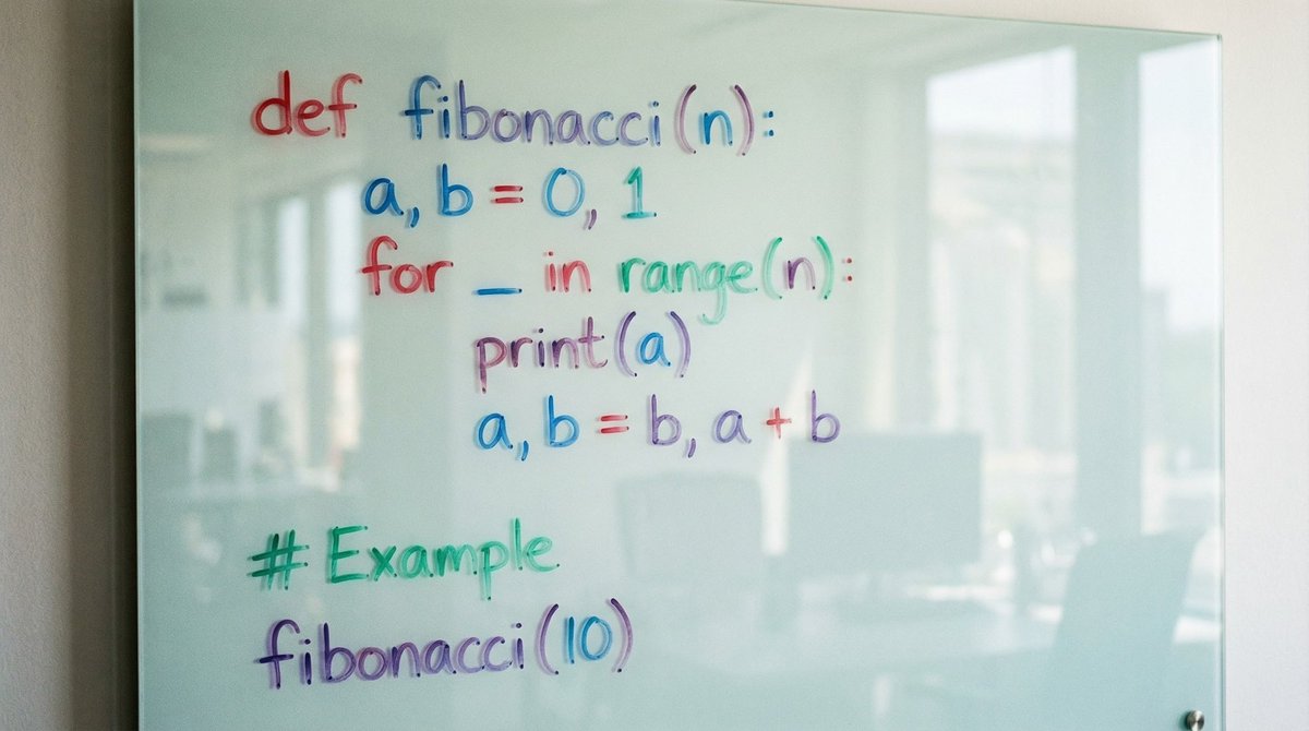 Python Fibonacci code on glass whiteboard — example 1