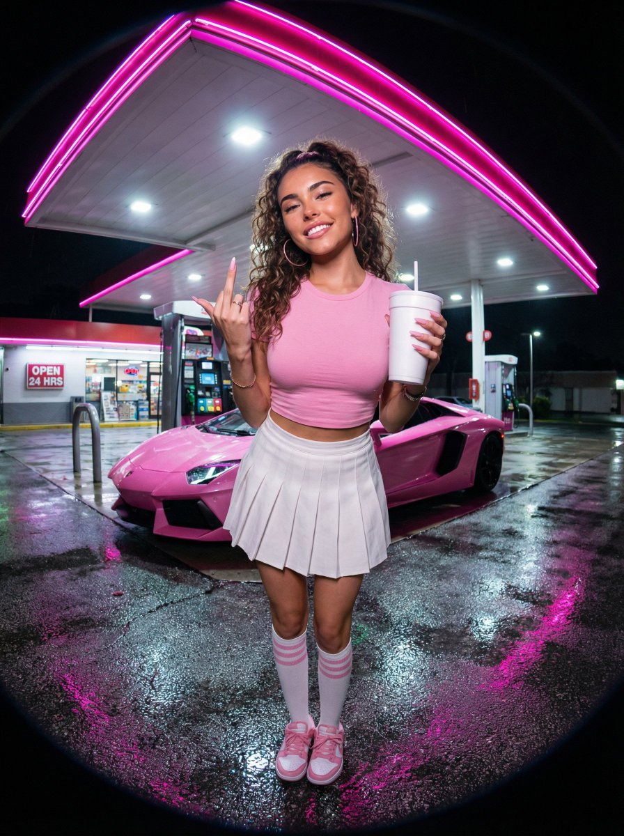 Neon Pink Gas Station Portrait (Fisheye Lens)