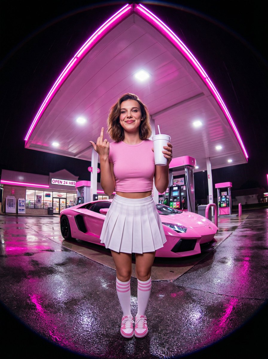 Neon Pink Gas Station Portrait (Fisheye Lens) — example 2