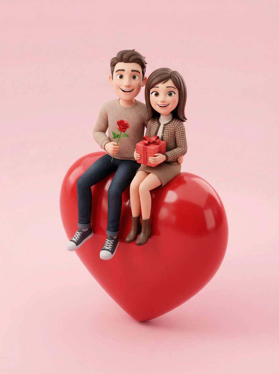 3D Render of Couple on Giant Heart — example 1